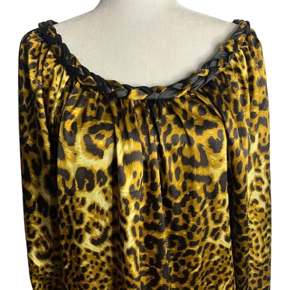 Vintage 90s Leopard Print Shift Dress L Brown Braided Collar Puff Sleeve Pockets - Picture 2 of 6